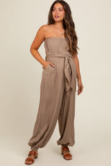 Mocha Strapless Sash Tie Maternity Jumpsuit