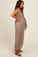 Mocha Strapless Sash Tie Maternity Jumpsuit