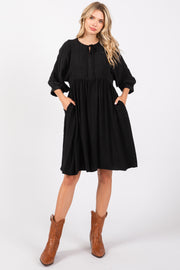 Black Printed Front Tie 3/4 Sleeve Dress