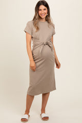 Mocha Tie Front Round Neck Knit Maternity Midi Dress