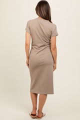 Mocha Tie Front Round Neck Knit Maternity Midi Dress