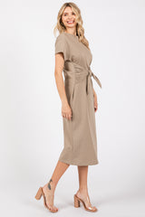 Mocha Tie Front Round Neck Knit Midi Dress