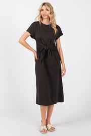 Black Tie Front Round Neck Kni Midi Dress