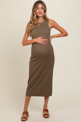 Olive Ribbed Knit Sleeveless Maternity Dress