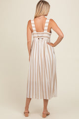 Beige Striped Wide Strap Midi Dress