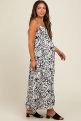 Black Abstract Floral Print Maternity Midi Dress