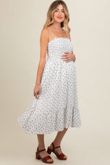 White Floral Smocked Sleeveless Maternity Midi Dress