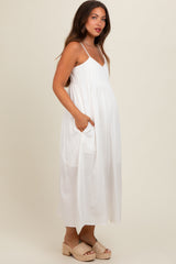 White Striped V-Neck Sleeveless Side Pocket Maternity Dress