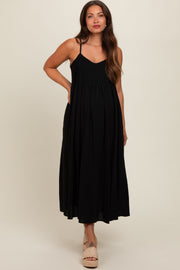 Black Striped V-Neck Sleeveless Side Pocket Maternity Dress