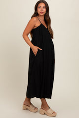 Black Striped V-Neck Sleeveless Side Pocket Maternity Dress