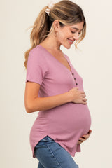 Mauve Ribbed Short Sleeve Button Detail Maternity Top