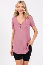 Mauve Ribbed Short Sleeve Button Detail Top