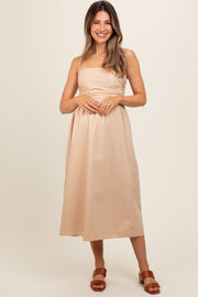 Beige Ruched Maternity Midi Dress