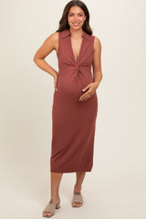 Brown Collared Sleeveless Twist Knit Maternity Midi Dress