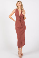 Brown Collared Sleeveless Twist Knit Midi Dress