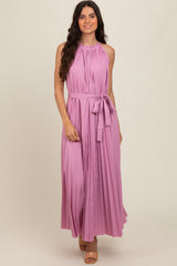 Pink Pleated Empire Tied Waist Midi Dress