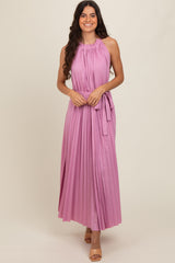 Pink Pleated Empire Tied Waist Midi Dress