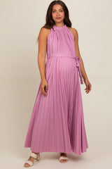 Pink Pleated Empire Tied Waist Maternity Midi Dress