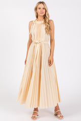 Cream Pleated Empire Tied Waist Midi Dress