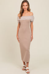 Beige Tulle Ruffle Off Shoulder Sweater Maternity Midi Dress