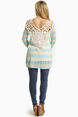 Aqua Beige Striped Knit Crochet Back Top