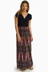 Navy Blue Printed Bottom Draped Maxi Dress