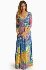 Pink Multi-Color Abstract Print Draped 3/4 Sleeve Maxi Dress