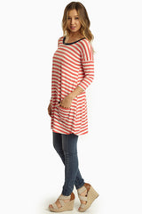 Coral Striped Pocket Front 3/4 Sleeve Tunic