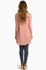 Coral Striped Pocket Front 3/4 Sleeve Tunic