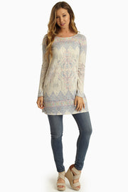 Blue Mutli-Color Faded Tribal Print Tunic