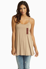 Mocha Chevron Embroidered Accent Tank Top