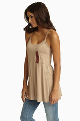 Mocha Chevron Embroidered Accent Tank Top