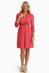 Coral 3/4 Sleeve Belted Dress