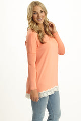 Peach Lace Trim Long Sleeve Top