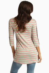 Grey Pink Striped Button Sleeve Top