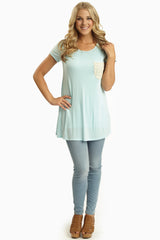 Light Blue Crochet Pocket Short Sleeve Top