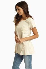 Beige Crochet Pocket Short Sleeve Top