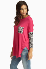 Fuchsia Black Damask Printed Sleeve Top