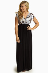 Ivory Floral Black Draped Top Maxi Dress