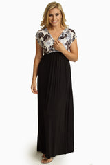 Ivory Floral Black Draped Top Maxi Dress