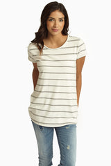 Ivory Grey Striped Button Back Short Sleeve Top