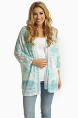 White Mint Green Printed Knit Dolman Sleeve Cardigan