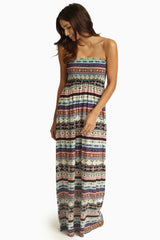 Ivory Multi-Color Printed Strapless Maxi Dress