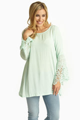 Mint Green Linen Crochet Trim Sleeves Bohemian Top