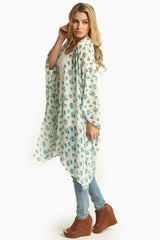 White Teal Floral Sheer Maxi Cardigan