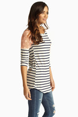 Peach Lace Shoulder Striped Top