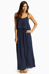 Navy Blue Overlay Chiffon Maxi Dress