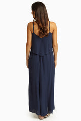 Navy Blue Overlay Chiffon Maxi Dress