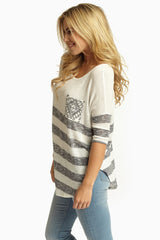 Charcoal White Striped Tribal Pocket Knit Top