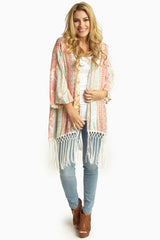 Coral Aqua Printed Linen Tassel Trim Open Cardigan